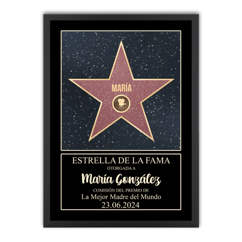 Certificado personalizado del  Walk of Fame con marco negra