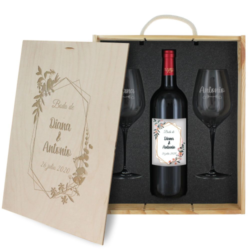 Caja de regalo Boda : botella de vino y dos copas