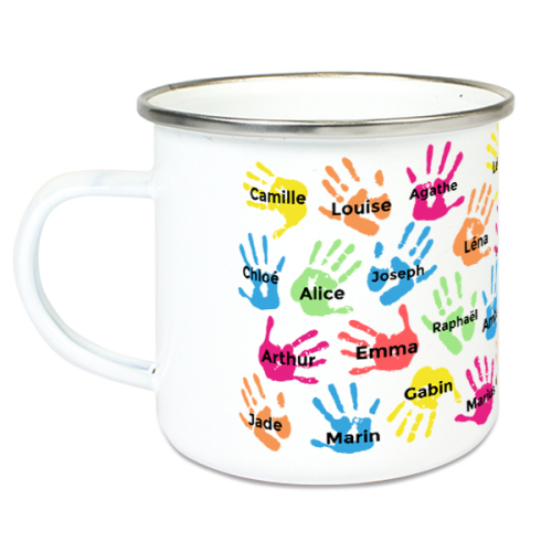 Taza esmaltada personalizada con manos y nombres de alumnos